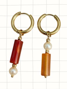 Gold Hoop Earrings with Red and Orange Bead Drops